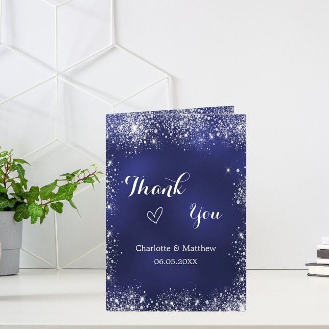 Navy blue silver photo qr code wedding thank you card (Creator Uploaded)