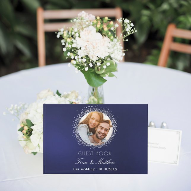 Navy blue silver photo sparkles wedding guest book (Creator Uploaded)
