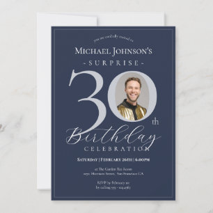 Navy Blue Silver Photo Surprise 30th Birthday Invitation
