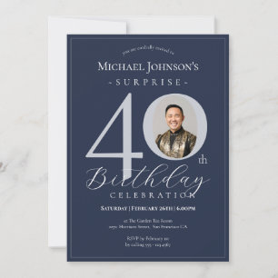 Navy Blue Silver Photo Surprise 40th Birthday Invitation