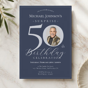 Navy Blue Silver Photo Surprise 50th Birthday Invitation