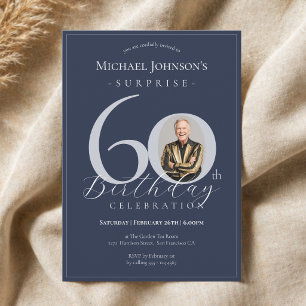 Navy Blue Silver Photo Surprise 60th Birthday Invitation