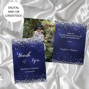 Navy blue silver photo wedding thank you card