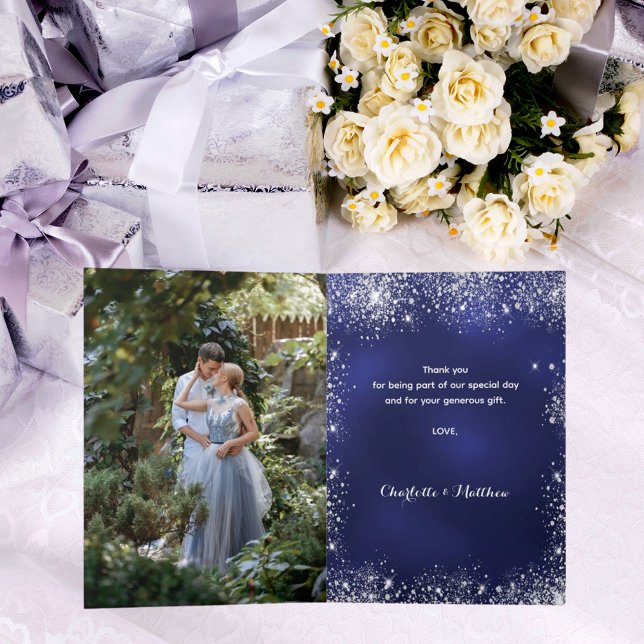 Navy blue silver photo wedding thank you card (Creator Uploaded)