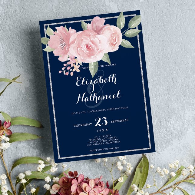 Navy blue silver pink green floral theme wedding invitation (Navy blue silver pink green floral theme wedding)
