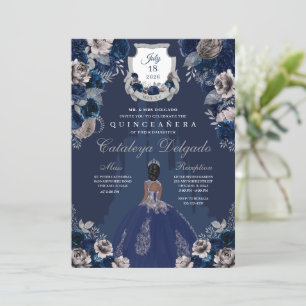 Navy Blue & Silver Princess Castle Quinceañera Invitation