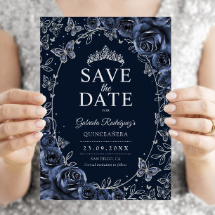 Navy Blue Silver Quinceanera Floral Save The Date