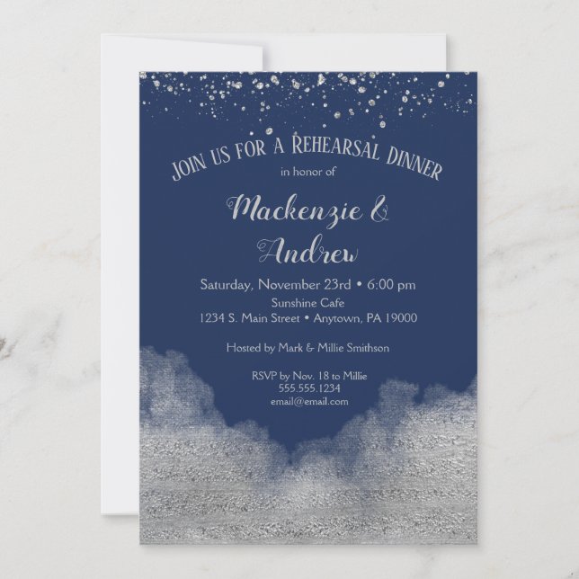 Navy Blue Silver Rehearsal Dinner Invitation (Front)