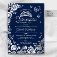 Navy Blue Silver Roses Butterflies Quinceanera