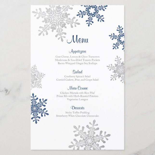 Navy Blue Silver Snowflake Winter Wedding Menu (Front)