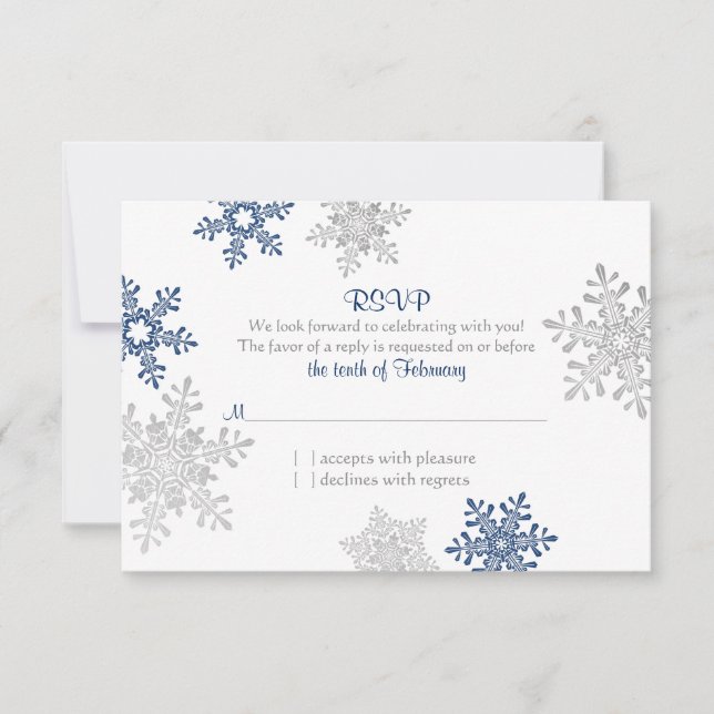 Navy Blue Silver Snowflake Winter Wedding RSVP Card (Front)
