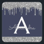 Navy Blue Silver Sparkle Glitter Monogram Square Sticker<br><div class="desc">Navy Blue and Silver Modern Sparkle and Dripping Glitter Girly Monogram Name Monogram Sticker. This Chic monogrammed Sticker can be customised to include your first name and initial.</div>
