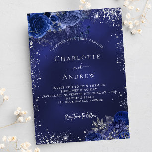Navy blue silver sparkles floral luxury wedding invitation