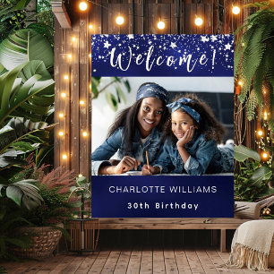 Navy blue silver star photo birthday party welcome poster