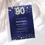 Navy blue silver stars 90th birthday luxury invitation<br><div class="desc">A modern,  stylish and glamourous invitation for a 90th birthday party.  A navy blue background,  decorated with faux silver stars. The blue colour is uneven.  Personalise and add your name and party details.  Number 90 is written with a balloon style font.</div>