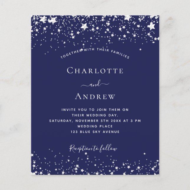 Navy blue silver stars budget wedding invitation flyer (Front)