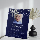 Navy blue silver stars photo 70th birthday welcome pedestal sign<br><div class="desc">A welcome sign for a feminine and glamourous 70th birthday party.  A navy blue background decorated with stars.  Personalise and add a photo and name.  Number 70 is written with a balloon style font in faux silver.</div>