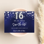 Navy blue silver stars Sweet 16 Save The Date<br><div class="desc">A modern and elegant Save the Date for a Sweet 16,  16th birthday part.   A navy blue background decorated with faux silver stars. Personalise and add a date and name. The blue colour is uneven.  The text: Save the Date is written with a large trendy hand lettered style script.</div>