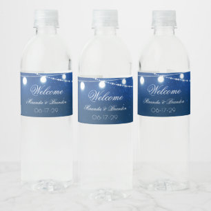 Navy Blue & Silver String Lights Country Wedding Water Bottle Label
