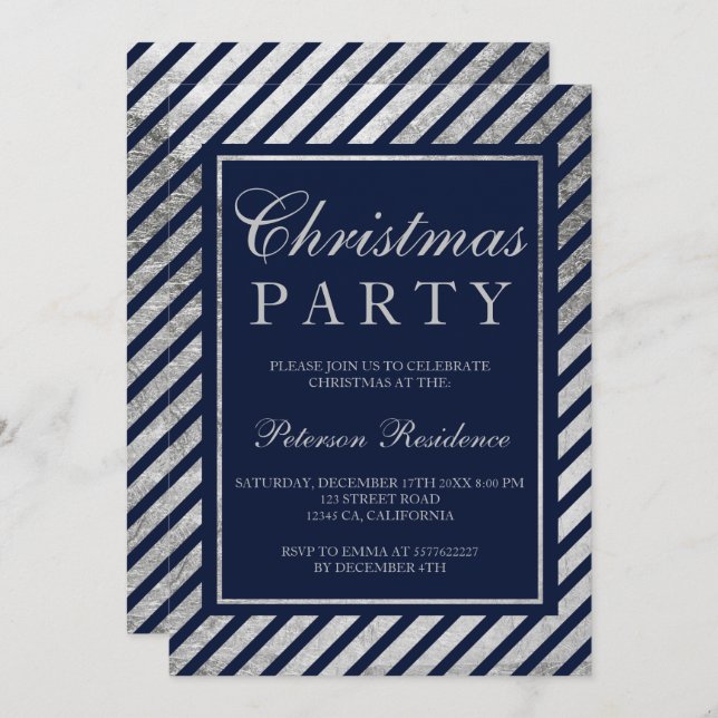 Navy blue silver stripes corporate Christmas Invitation (Front/Back)