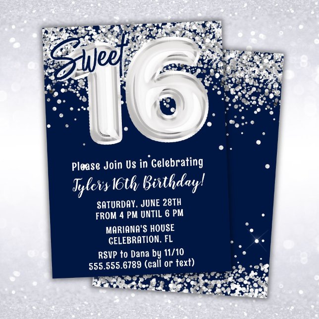 Navy Blue Silver Sweet 16th Birthday Party Invitation (Creator Uploaded)