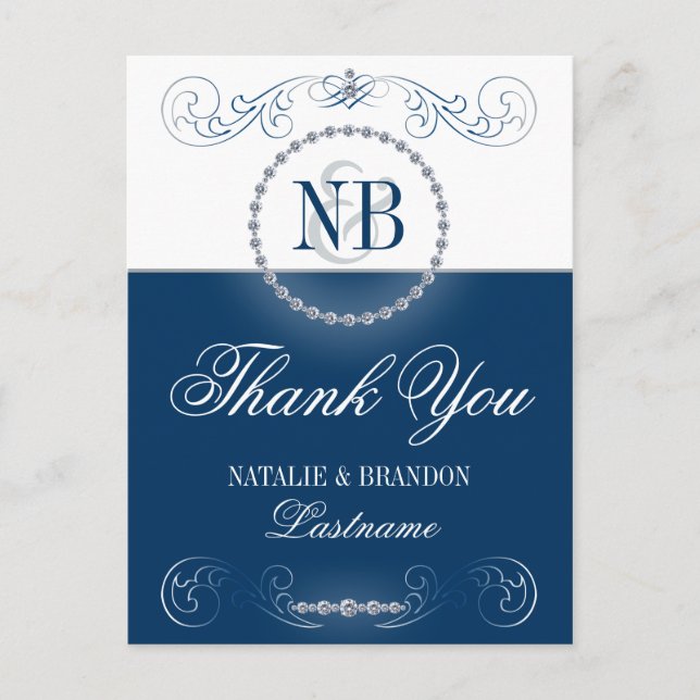 Navy blue silver Thank You postcards (Front)