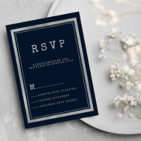 Navy blue silver typewriter font rustic RSVP