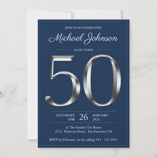 Navy Blue Silver Typography 50th Birthday Party Invitation (Front)