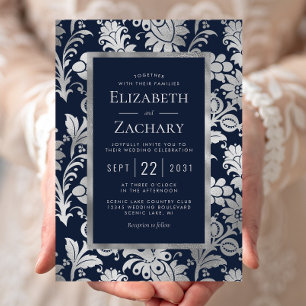 Navy Blue Silver Vintage Floral Pattern Wedding Invitation