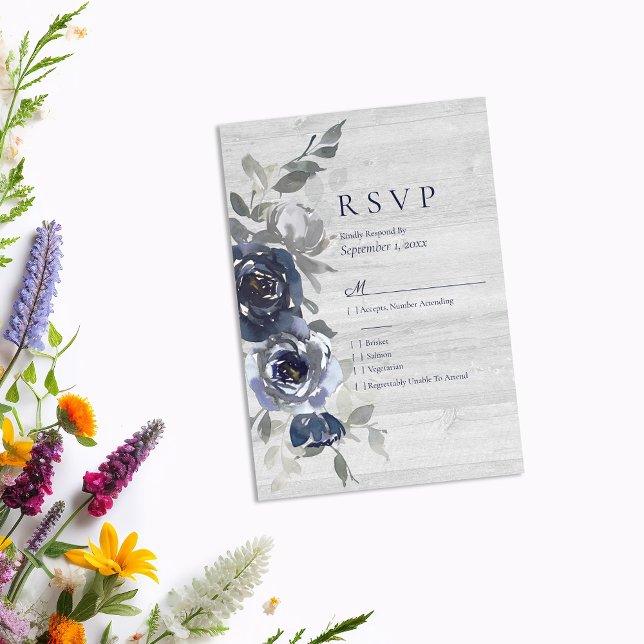 Navy Blue Silver Watercolor Floral RSVP Wedding Card (Creator Uploaded)