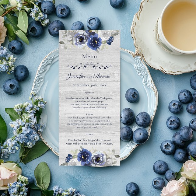 Navy Blue Silver Watercolor Floral Wedding Menu (Creator Uploaded)