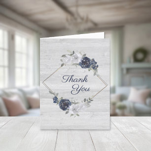 Navy Blue Silver Watercolor Floral Wedding Thank You Card