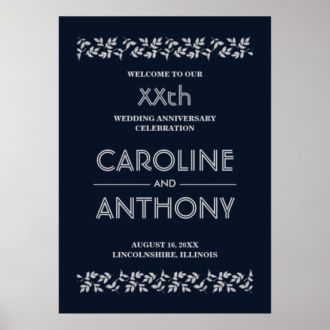 Navy Blue Silver Wedding Anniversary Welcome Sign (Front)