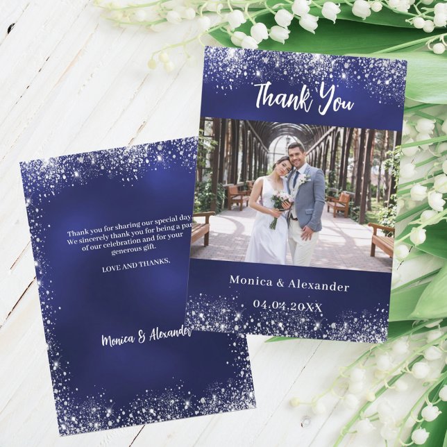 Navy blue silver wedding photo thank you card (Creator Uploaded)