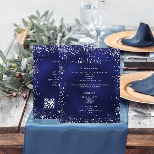 Navy blue silver wedding program details QR (Creator Uploaded)