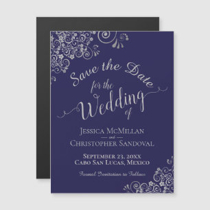 Navy Blue & Silver Wedding Save the Date Magnet
