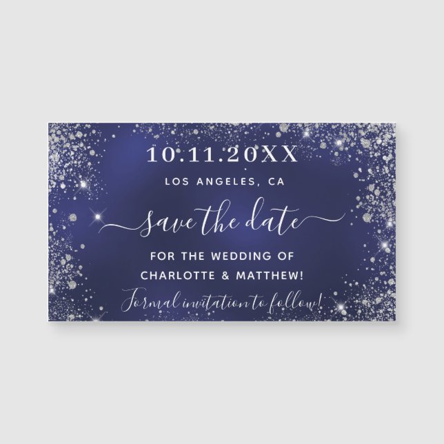 Navy blue silver wedding save the date magnet (Front)