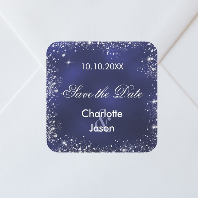 Navy blue silver wedding Save the Date Square Sticker (Creator Uploaded)