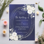 Navy blue silver white florals roses wedding invitation<br><div class="desc">A blue,  uneven coloured background. An oval faux silver frame decorated with watercolored white florals,  roses.  Personalise and add your names,  details.  White text.</div>