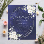Navy blue silver white florals wedding invitation<br><div class="desc">A blue,  uneven coloured background. An oval faux silver frame decorated with watercolored white florals,  roses.  Personalise and add your names,  details.  White text. 

1 sheet = 1 invitation printed edge to edge.</div>