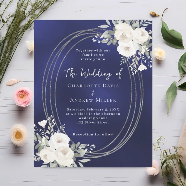 Navy blue silver white florals wedding invitation (Creator Uploaded)