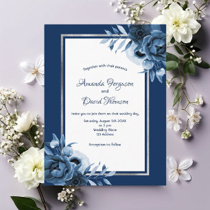 Navy blue silver white florals wedding invitation postcard