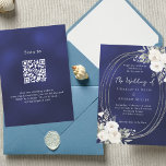 Navy blue silver white florals wedding QR RSVP Invitation<br><div class="desc">A blue,  uneven coloured background. An oval faux silver frame decorated with watercolored white florals,  roses.  Personalise and add your names,  details.  White text. 
 Back: add your website url to the QR code for RSVP and/or more details.</div>