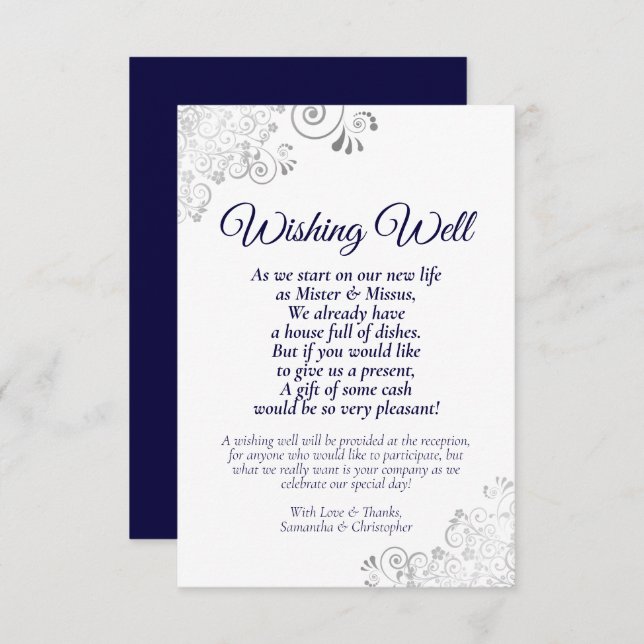 Navy Blue & Silver White Wedding Wishing Well Poem Enclosure Card (Front/Back)