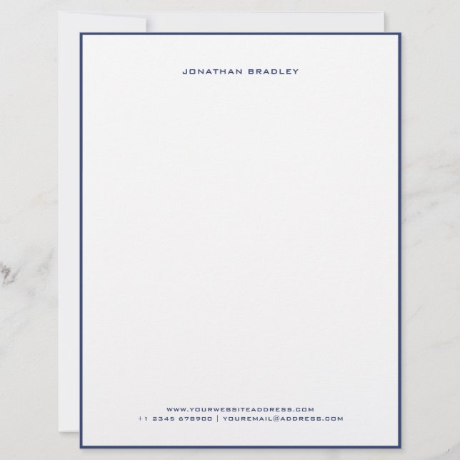 Navy Blue Simple Border All Caps Full Name Custom Letterhead (Front)