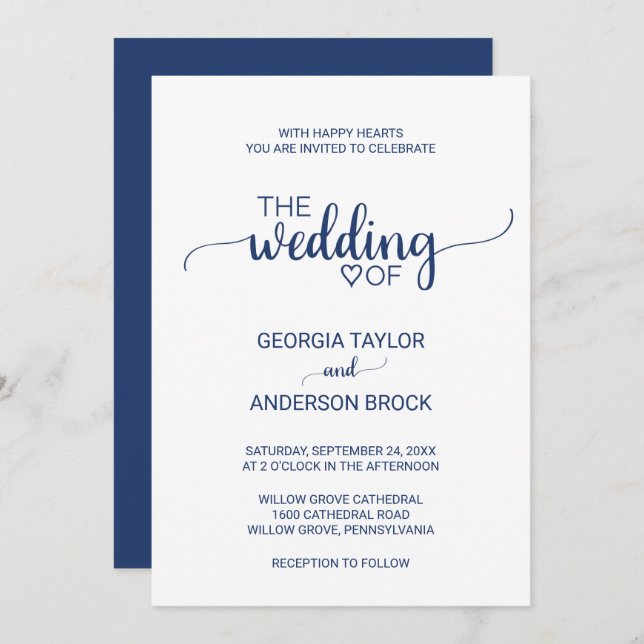 Navy Blue Simple Calligraphy Wedding Invitation (Front/Back)