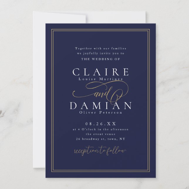 Navy Blue Simple Elegance Romantic Script Wedding Invitation (Front)