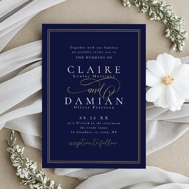 Navy Blue Simple Elegance Romantic Script Wedding Invitation (Navy Blue Simple Elegance Romantic Script Wedding Invitation)