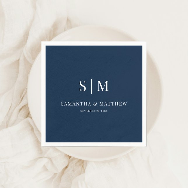Navy Blue Simple Elegant Couple Initials Wedding Napkin (Navy Blue Couple Initials Wedding Napkin)