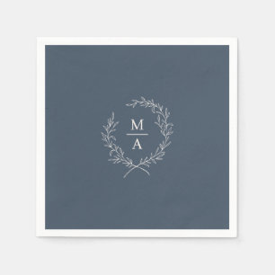 Navy Blue Simple Elegant Laurel Wreath Monogram Napkin